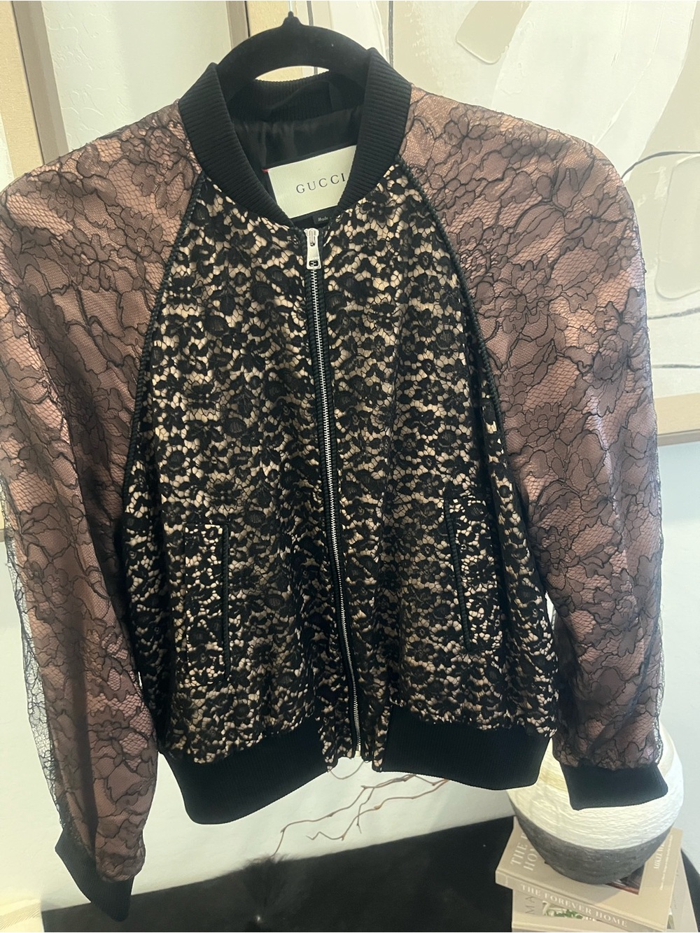 Gucci Black Lace Bomber with Blush Pink Sleeves